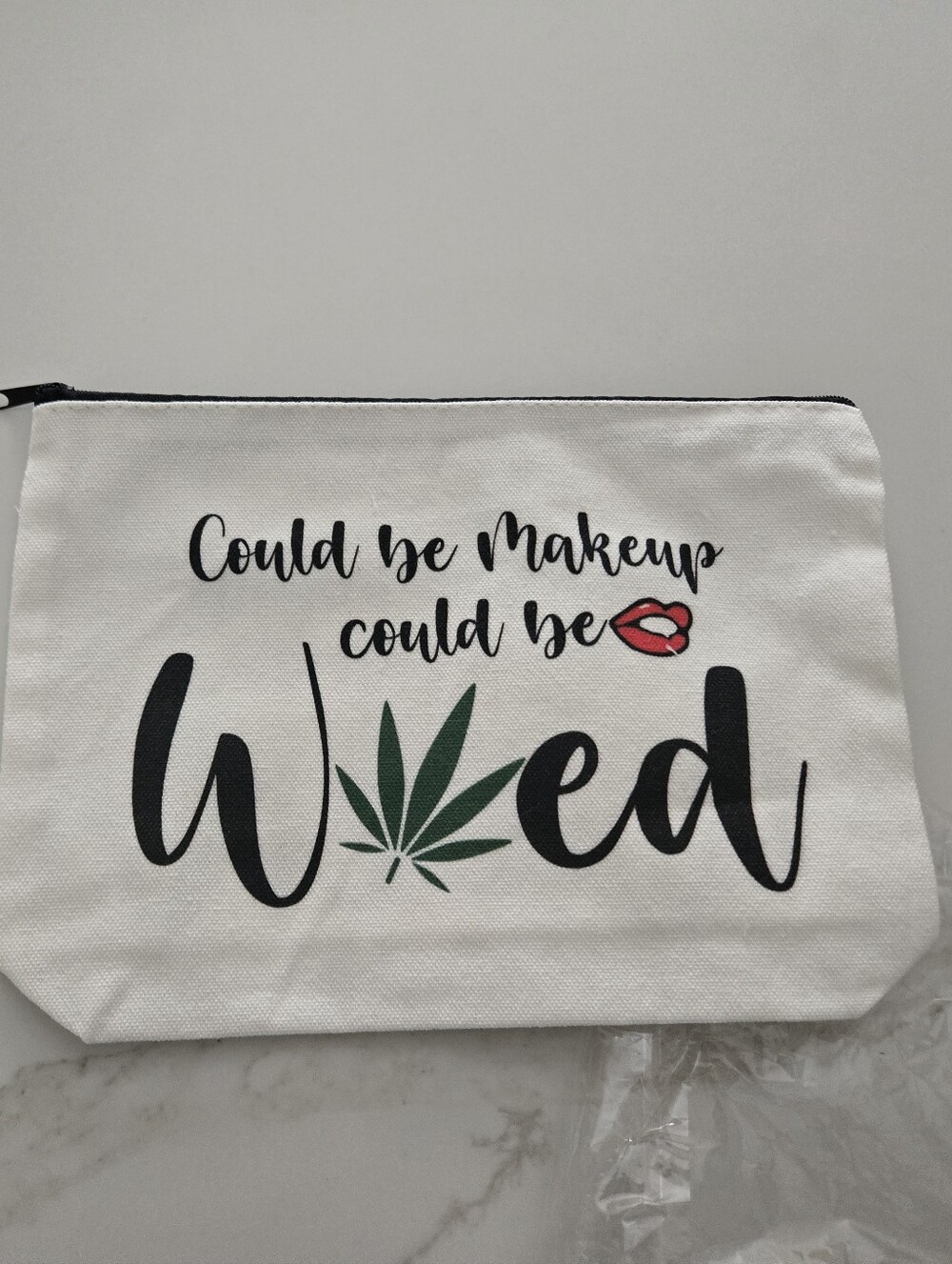 NEW White Canvas Makeup Bag with Green Leaf Print